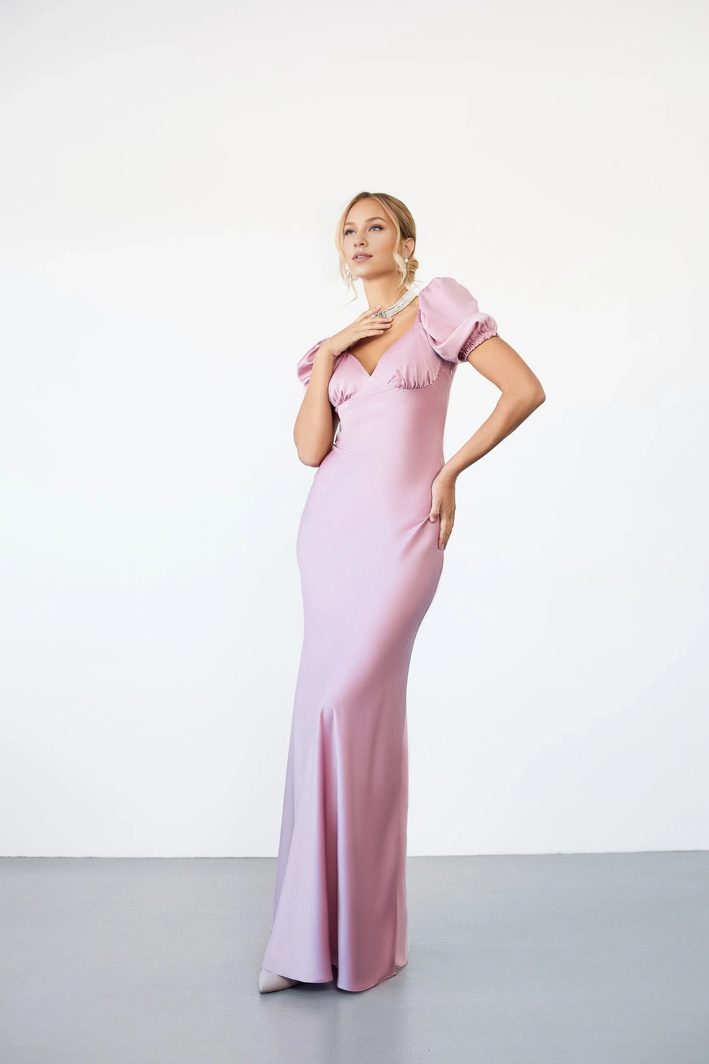 Xuewuba Dress Dusty Pink Satin Puff Sleeve Maxi Dress Party Dress Elegant Floor Length Prom Dress