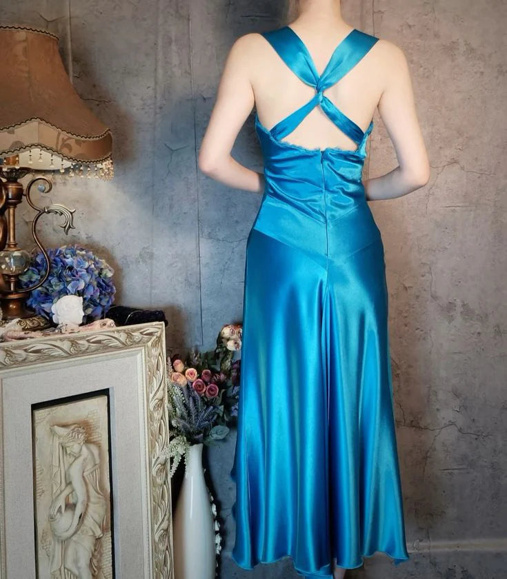 Xuewuba Dress Elegant A Line Wide Straps Blue Satin Prom Dress Open Back Evening Dress