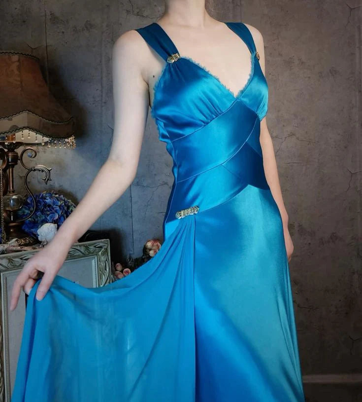 Xuewuba Dress Elegant A Line Wide Straps Blue Satin Prom Dress Open Back Evening Dress