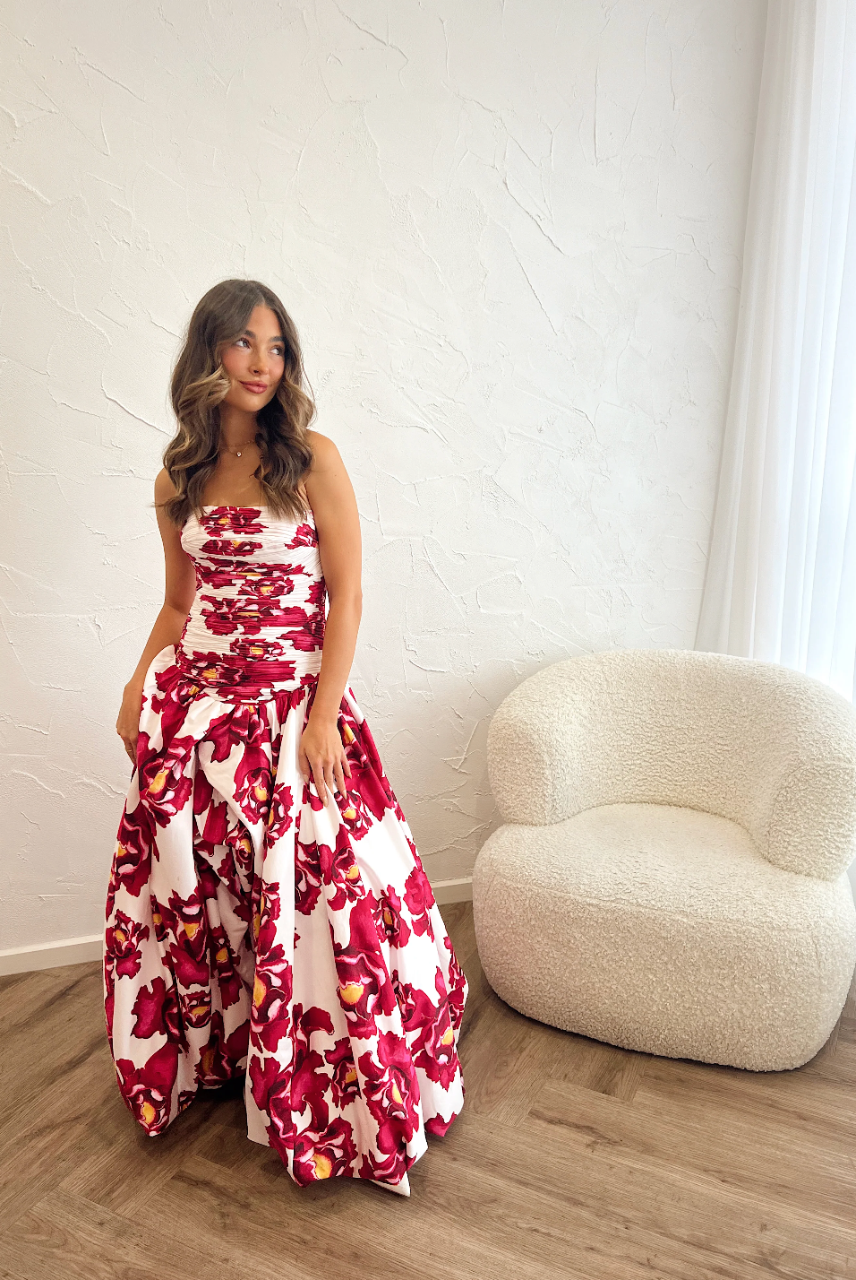Xuewuba Dress Elegant Chic A-line Strapless Ruched Floral-Print Ankle Length Sleeveless Prom Dress With Side Slit