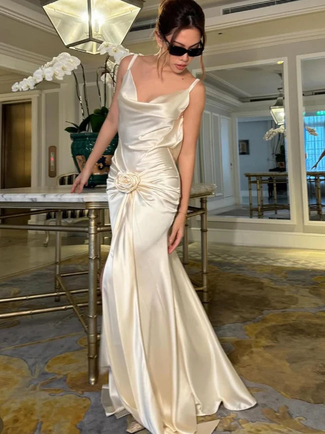 Xuewuba Dress Elegant Mermaid Spaghetti Straps 3D Flower Ivory Satin Long Evening Dress Prom Dress