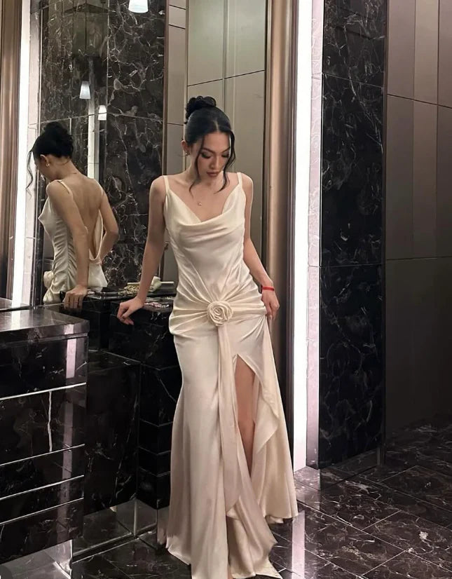 Xuewuba Dress Elegant Mermaid Spaghetti Straps 3D Flower Ivory Satin Long Evening Dress Prom Dress