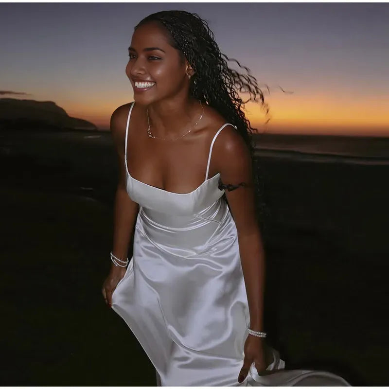 Xuewuba Dress Elegant White Spaghetti Strap Maxi Dress Women Sexy Backless Lace Up High Waist Vestidos Lady Beach Party Prom Dresses