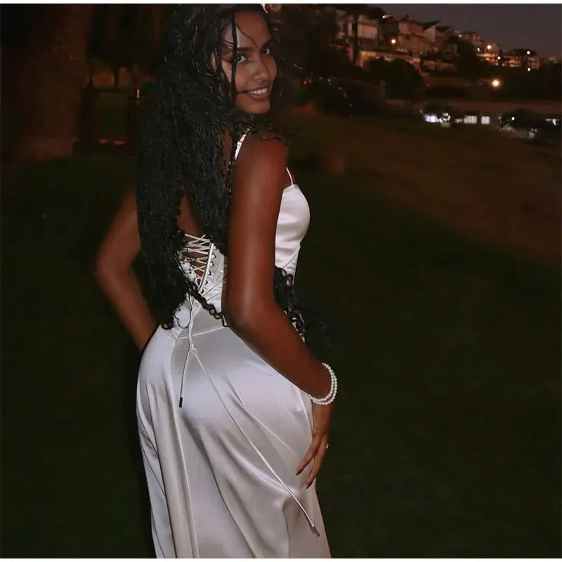 Xuewuba Dress Elegant White Spaghetti Strap Maxi Dress Women Sexy Backless Lace Up High Waist Vestidos Lady Beach Party Prom Dresses