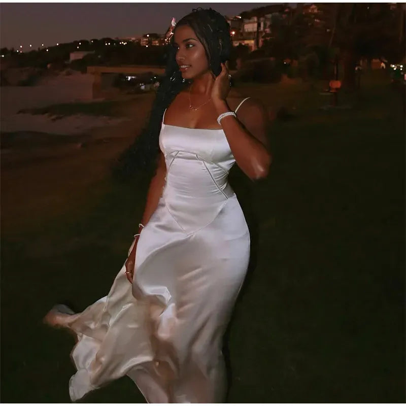Xuewuba Dress Elegant White Spaghetti Strap Maxi Dress Women Sexy Backless Lace Up High Waist Vestidos Lady Beach Party Prom Dresses