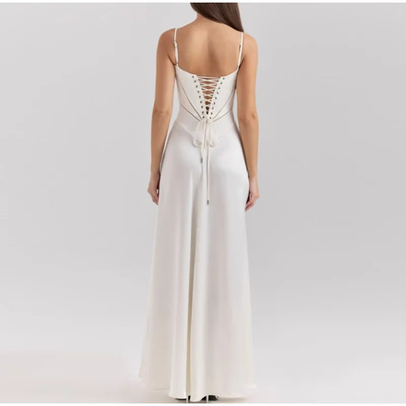 Xuewuba Dress Elegant White Spaghetti Strap Maxi Dress Women Sexy Backless Lace Up High Waist Vestidos Lady Beach Party Prom Dresses