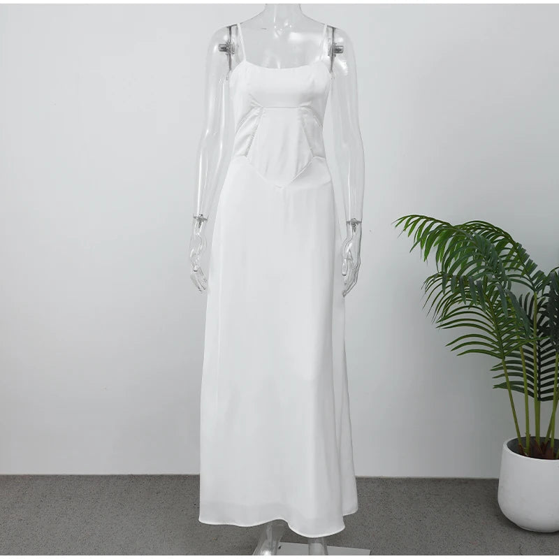 Xuewuba Dress Elegant White Spaghetti Strap Maxi Dress Women Sexy Backless Lace Up High Waist Vestidos Lady Beach Party Prom Dresses