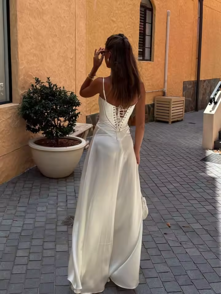 Xuewuba Dress Elegant White Spaghetti Strap Maxi Dress Women Sexy Backless Lace Up High Waist Vestidos Lady Beach Party Prom Dresses