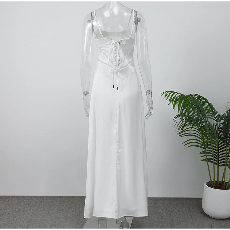 Xuewuba Dress Elegant White Spaghetti Strap Maxi Dress Women Sexy Backless Lace Up High Waist Vestidos Lady Beach Party Prom Dresses