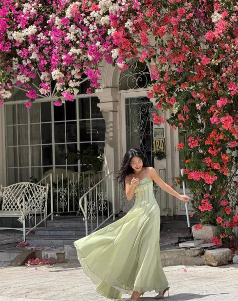 Xuewuba Dress Gentle A Line Spaghetti Strap Green Chiffon Sleeveless Party Dress Prom Dress