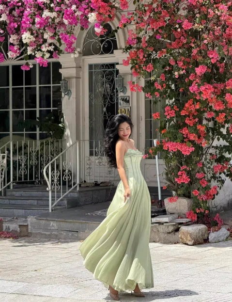 Xuewuba Dress Gentle A Line Spaghetti Strap Green Chiffon Sleeveless Party Dress Prom Dress