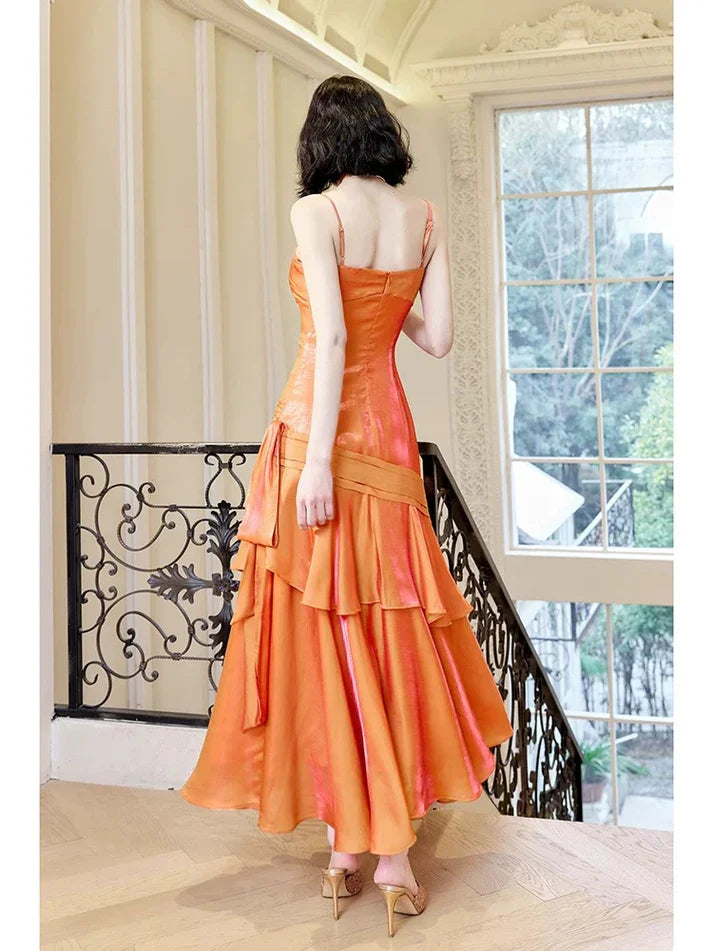 Xuewuba Dress Gentle Mermaid Spaghetti Straps Tiered Pleated Orange Satin Evening Dress Prom Dress