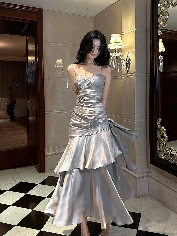 Xuewuba Dress Gentle Mermaid Spaghetti Straps Tiered Pleated Orange Satin Evening Dress Prom Dress