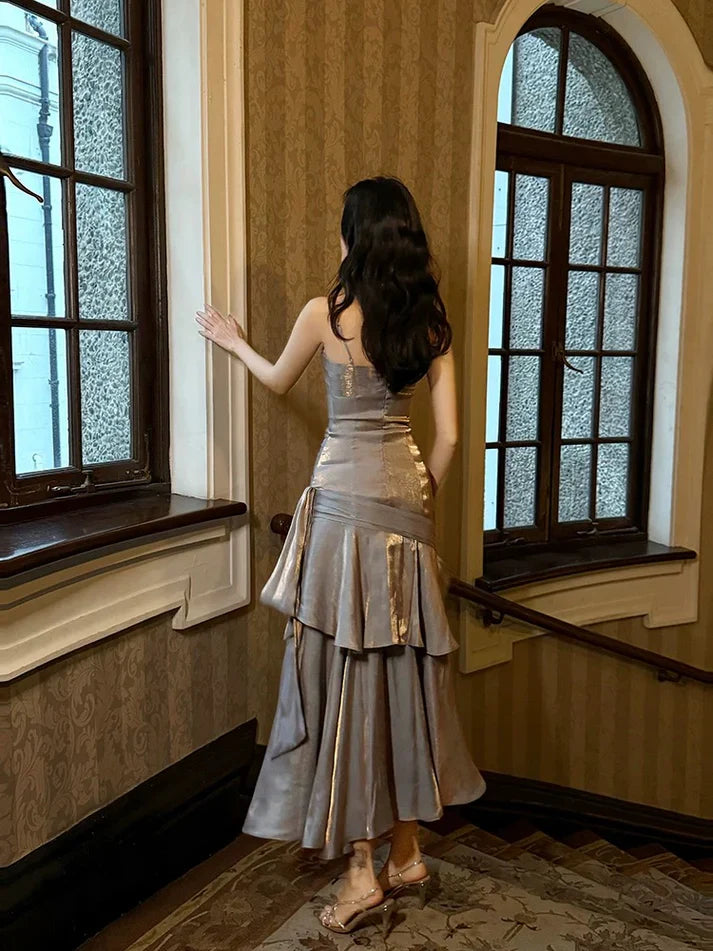 Xuewuba Dress Gentle Mermaid Spaghetti Straps Tiered Pleated Orange Satin Evening Dress Prom Dress