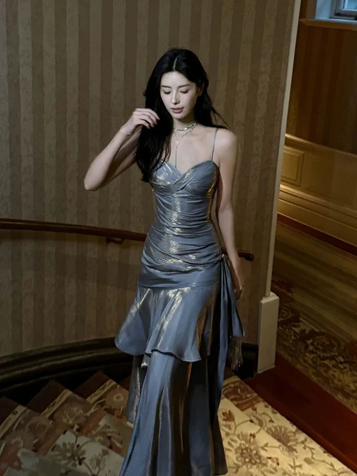 Xuewuba Dress Gentle Mermaid Spaghetti Straps Tiered Pleated Orange Satin Evening Dress Prom Dress