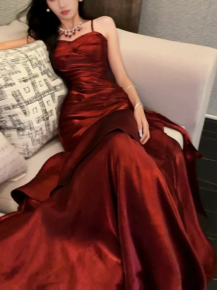 Xuewuba Dress Gentle Mermaid Spaghetti Straps Tiered Pleated Orange Satin Evening Dress Prom Dress