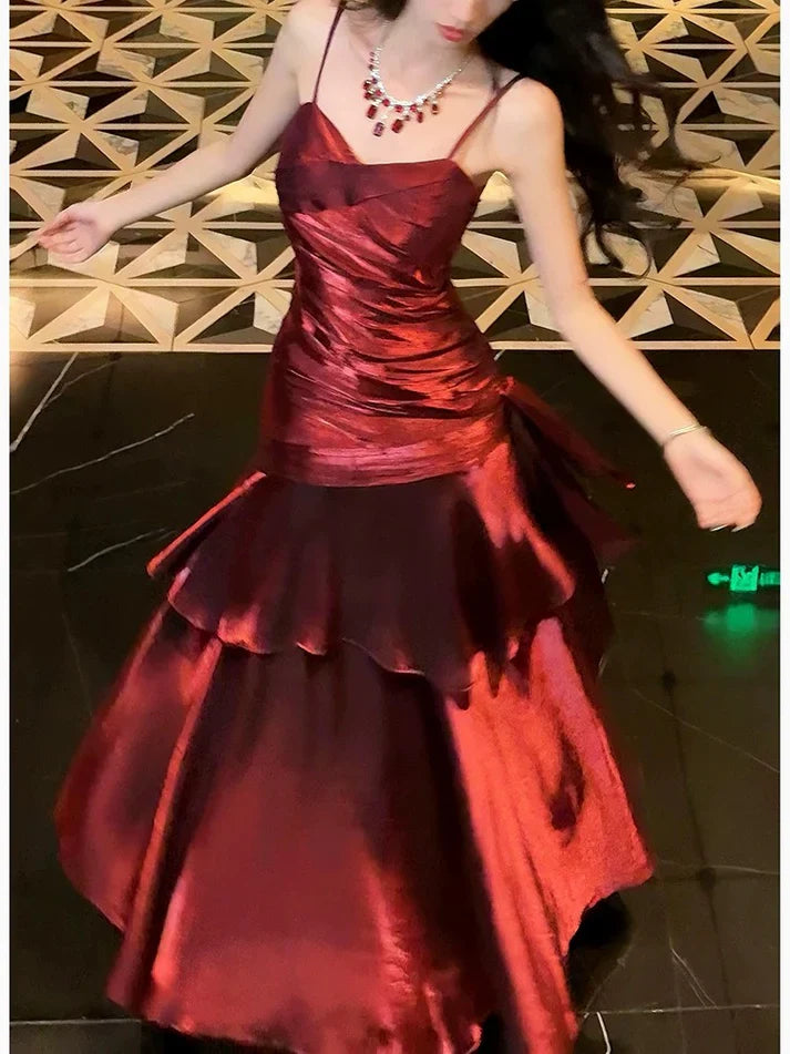 Xuewuba Dress Gentle Mermaid Spaghetti Straps Tiered Pleated Orange Satin Evening Dress Prom Dress