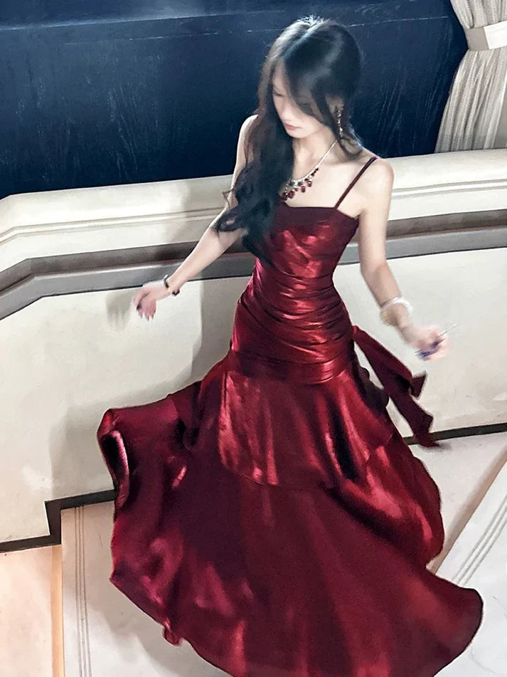 Xuewuba Dress Gentle Mermaid Spaghetti Straps Tiered Pleated Orange Satin Evening Dress Prom Dress