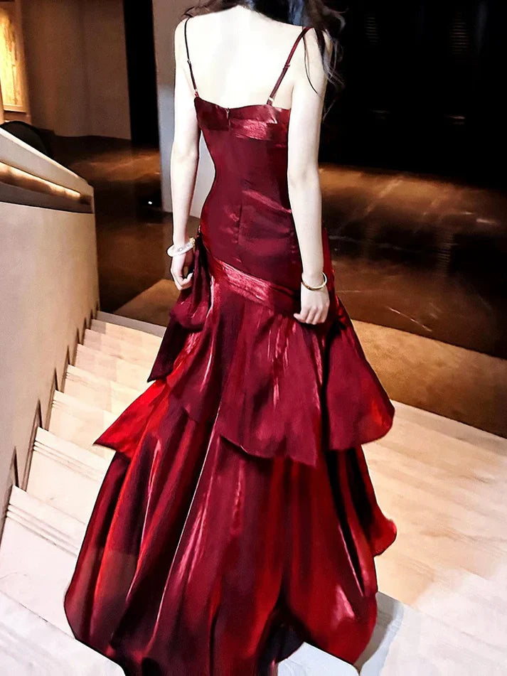 Xuewuba Dress Gentle Mermaid Spaghetti Straps Tiered Pleated Orange Satin Evening Dress Prom Dress