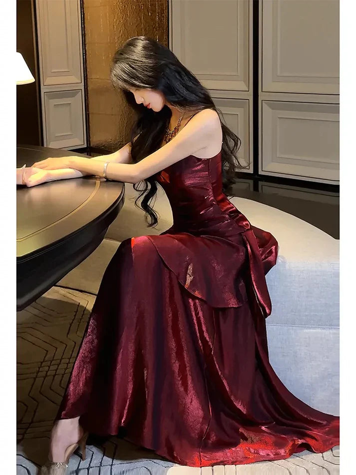 Xuewuba Dress Gentle Mermaid Spaghetti Straps Tiered Pleated Orange Satin Evening Dress Prom Dress