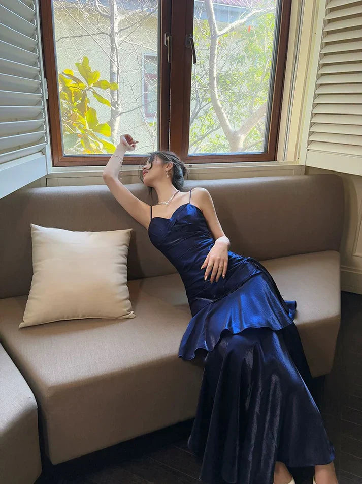 Xuewuba Dress Gentle Mermaid Spaghetti Straps Tiered Pleated Orange Satin Evening Dress Prom Dress