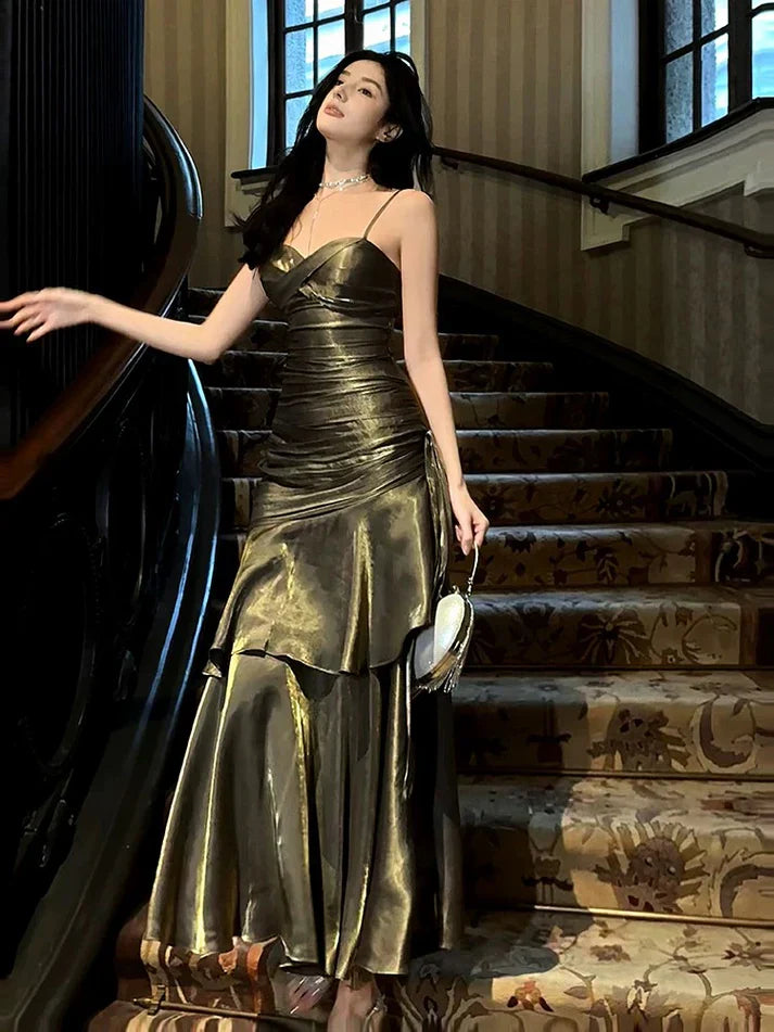 Xuewuba Dress Gentle Mermaid Spaghetti Straps Tiered Pleated Orange Satin Evening Dress Prom Dress