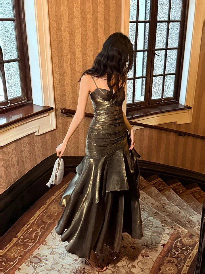 Xuewuba Dress Gentle Mermaid Spaghetti Straps Tiered Pleated Orange Satin Evening Dress Prom Dress