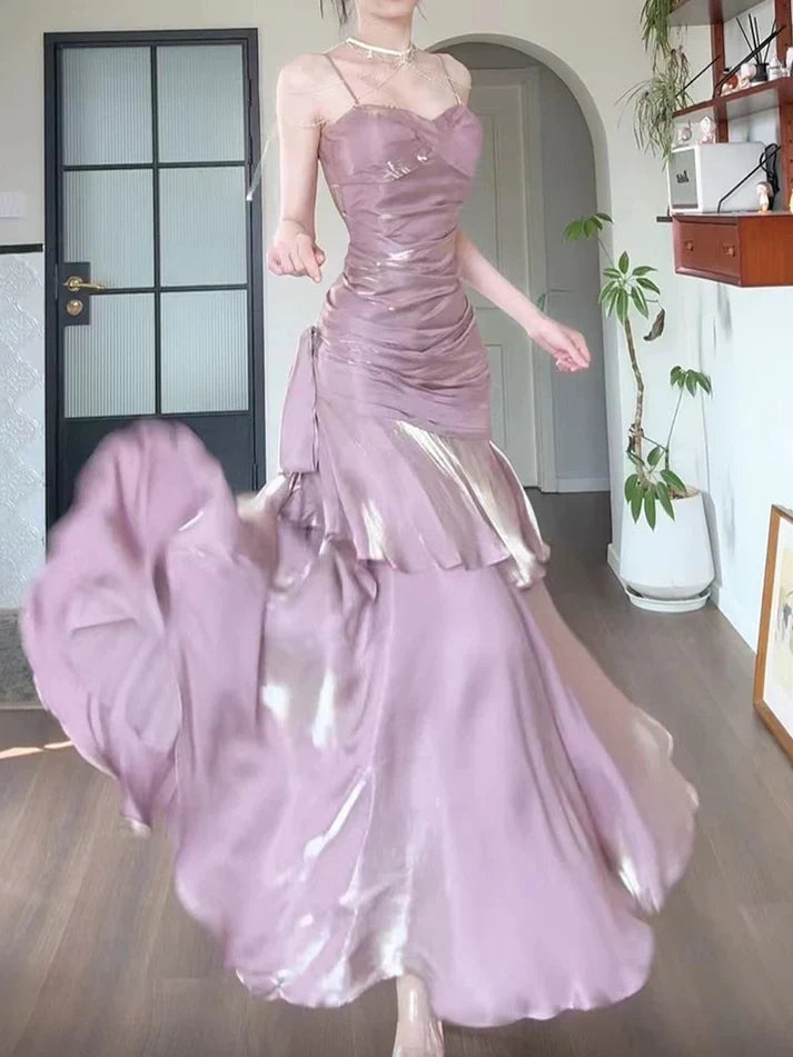 Xuewuba Dress Gentle Mermaid Spaghetti Straps Tiered Pleated Orange Satin Evening Dress Prom Dress