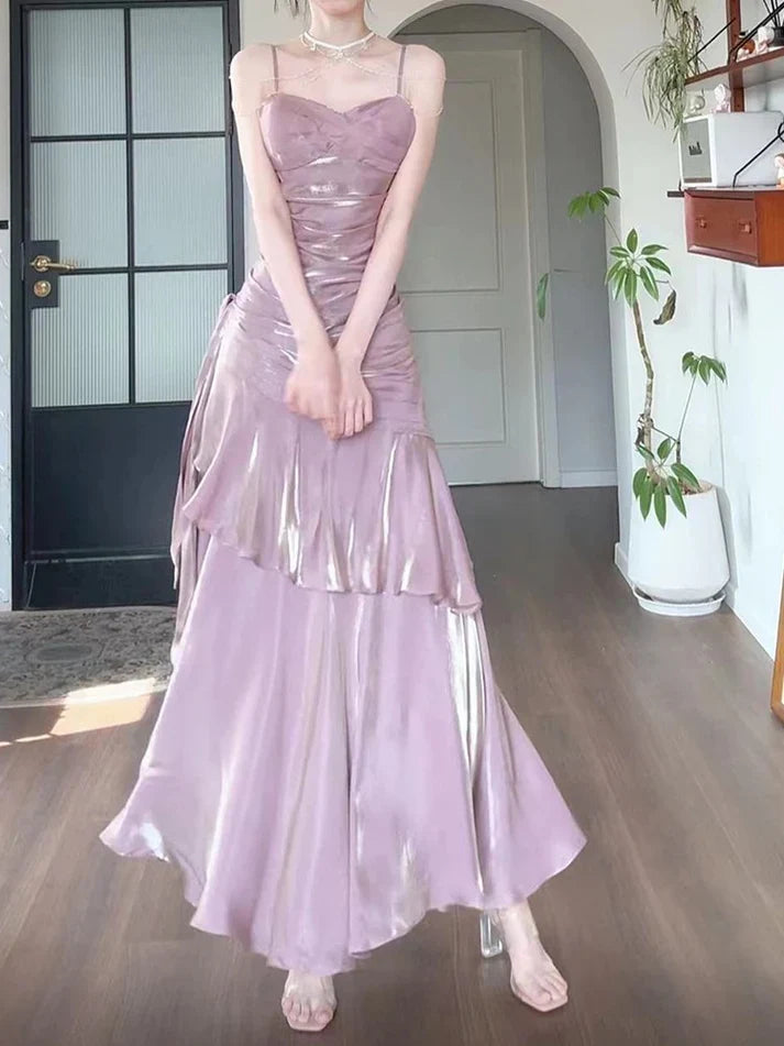 Xuewuba Dress Gentle Mermaid Spaghetti Straps Tiered Pleated Orange Satin Evening Dress Prom Dress