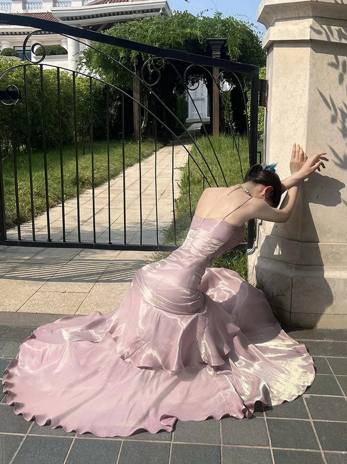 Xuewuba Dress Gentle Mermaid Spaghetti Straps Tiered Pleated Orange Satin Evening Dress Prom Dress