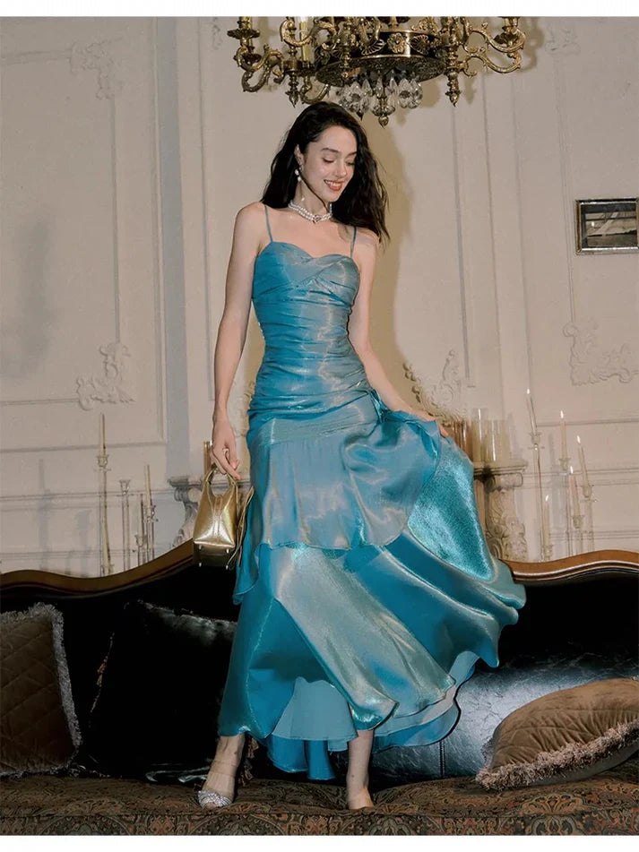 Xuewuba Dress Gentle Mermaid Spaghetti Straps Tiered Pleated Orange Satin Evening Dress Prom Dress