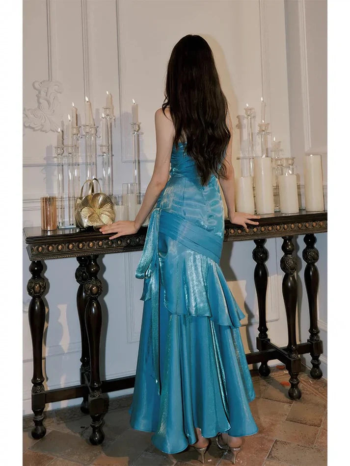 Xuewuba Dress Gentle Mermaid Spaghetti Straps Tiered Pleated Orange Satin Evening Dress Prom Dress