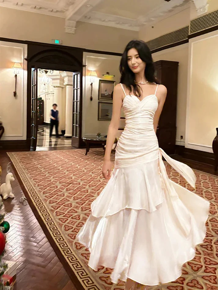 Xuewuba Dress Gentle Mermaid Spaghetti Straps Tiered Pleated Orange Satin Evening Dress Prom Dress