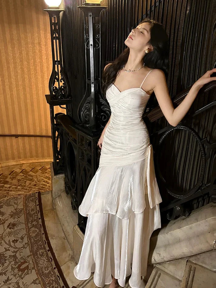 Xuewuba Dress Gentle Mermaid Spaghetti Straps Tiered Pleated Orange Satin Evening Dress Prom Dress
