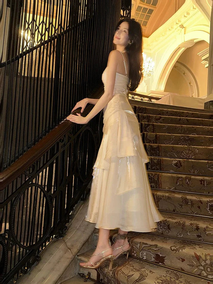 Xuewuba Dress Gentle Mermaid Spaghetti Straps Tiered Pleated Orange Satin Evening Dress Prom Dress