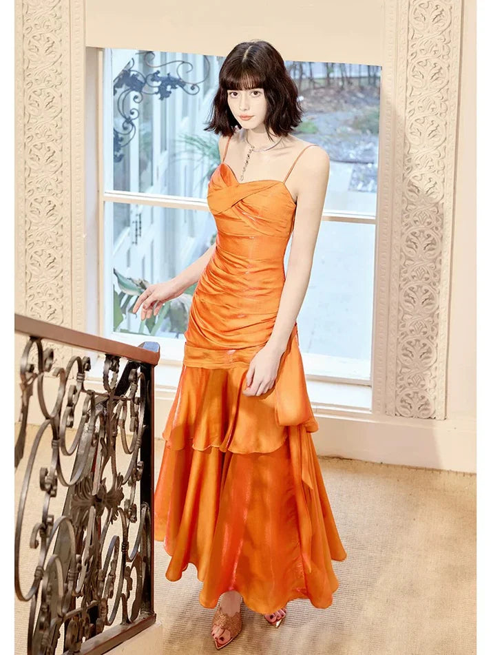 Xuewuba Dress Gentle Mermaid Spaghetti Straps Tiered Pleated Orange Satin Evening Dress Prom Dress