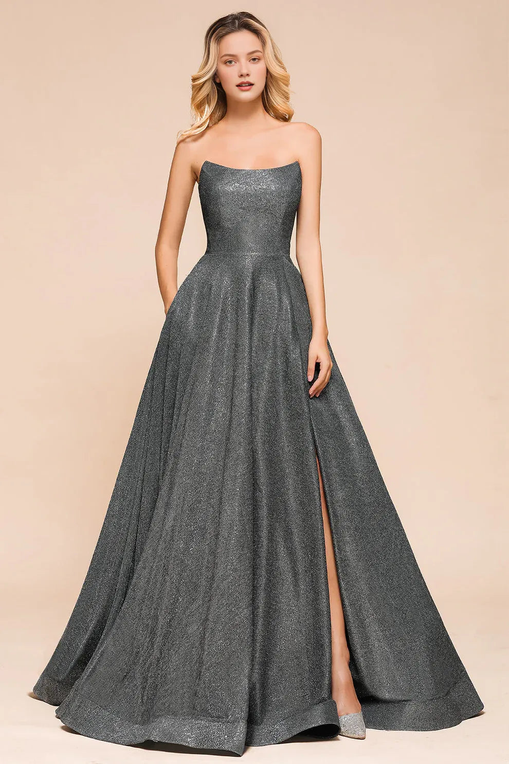 Xuewuba Dress Glitter A-line Strapless Backless Split Lace Up Long Prom Dress
