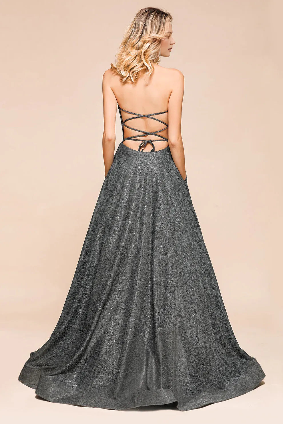 Xuewuba Dress Glitter A-line Strapless Backless Split Lace Up Long Prom Dress