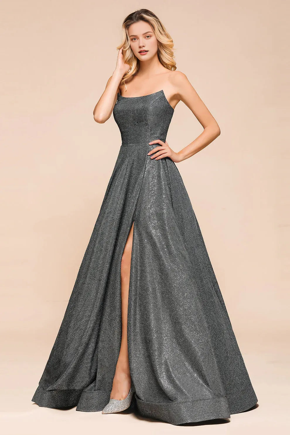 Xuewuba Dress Glitter A-line Strapless Backless Split Lace Up Long Prom Dress