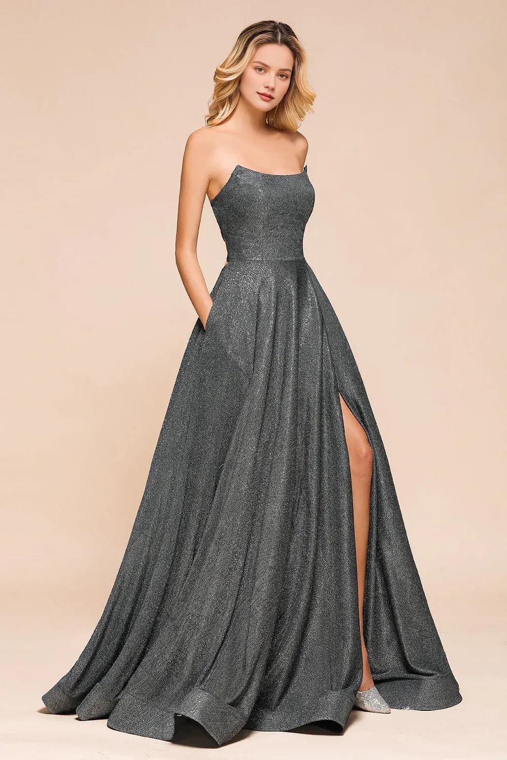Xuewuba Dress Glitter A-line Strapless Backless Split Lace Up Long Prom Dress