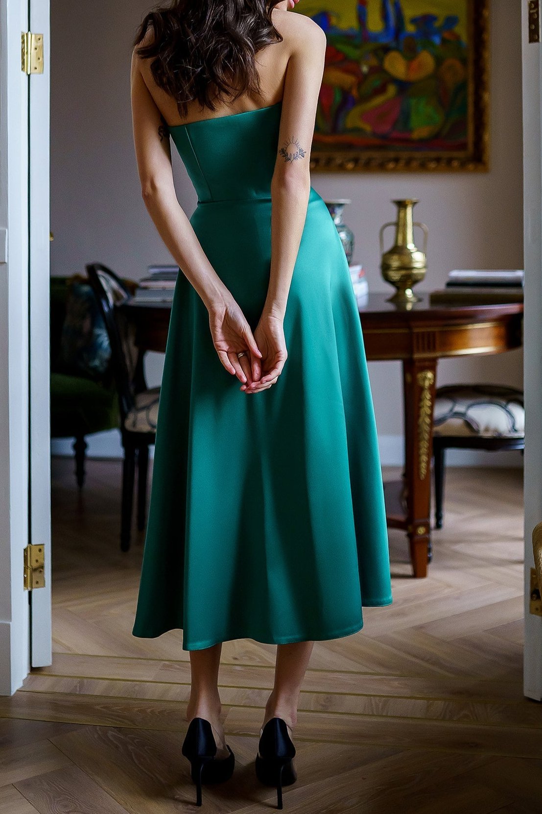 Xuewuba Dress Green Satin Corseted Strapless Dress Party Dress Elegant Tea-Length A-line Prom Dress