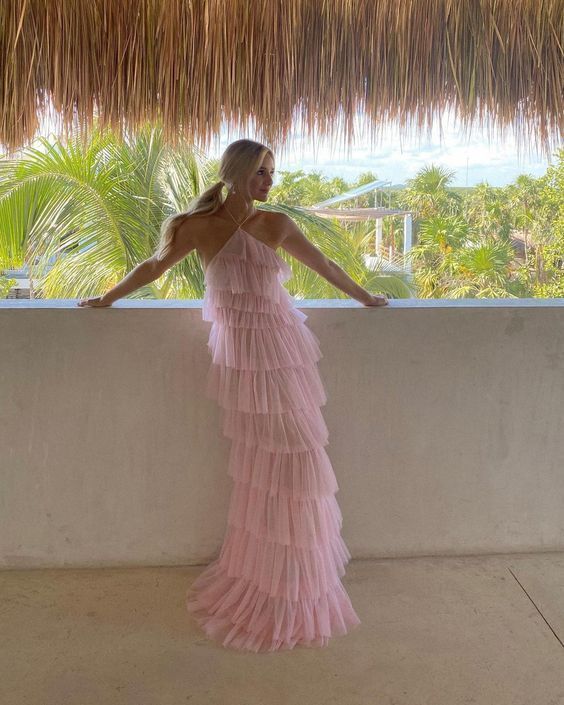 Xuewuba Dress Halter Pink Sweet Backless Long Tulle Ball Gown Evening Dress Party Dress Prom Dress