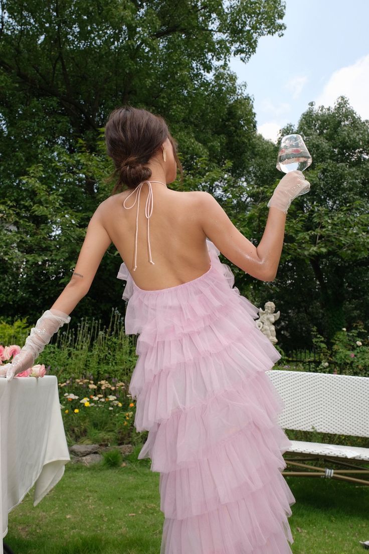 Xuewuba Dress Halter Pink Sweet Backless Long Tulle Ball Gown Evening Dress Party Dress Prom Dress