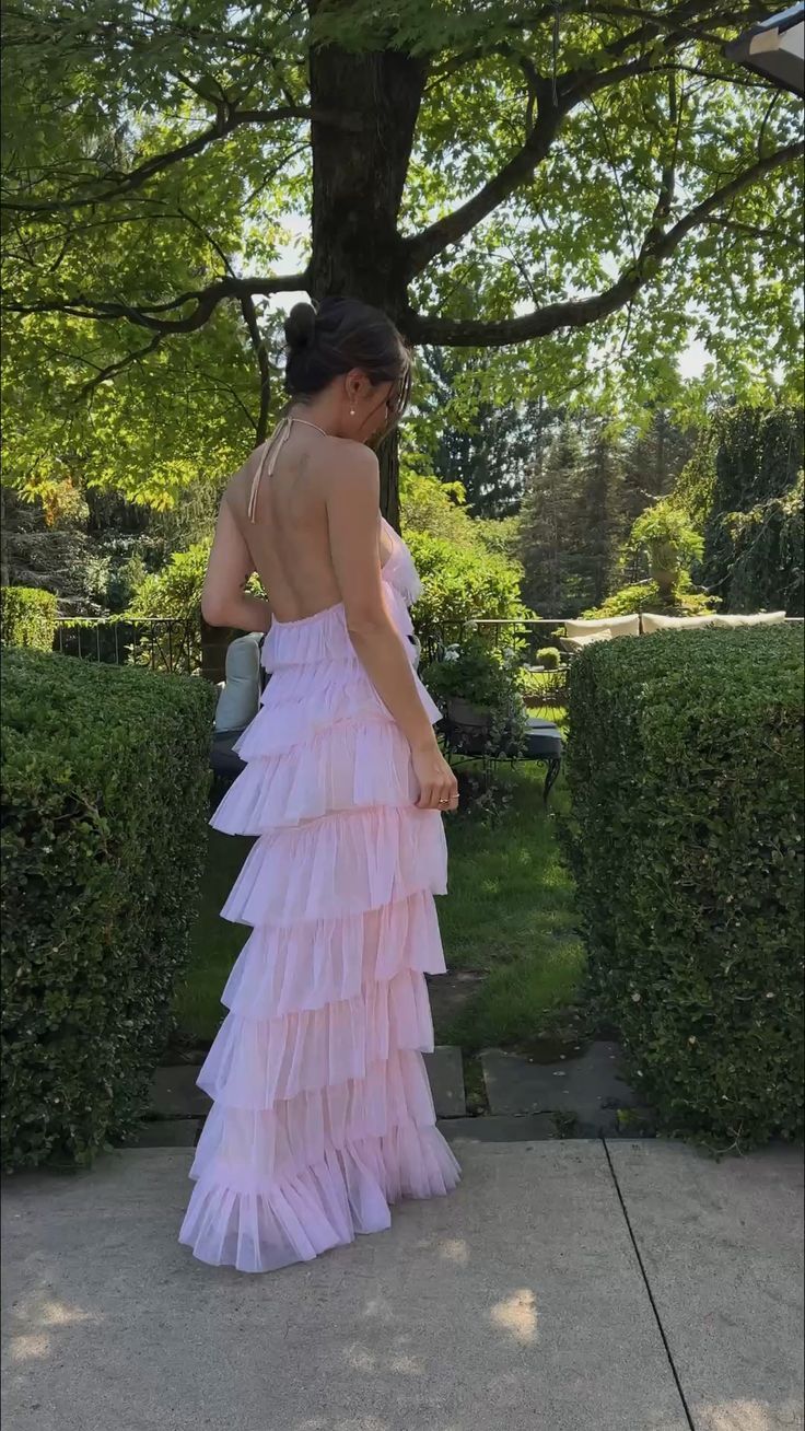Xuewuba Dress Halter Pink Sweet Backless Long Tulle Ball Gown Evening Dress Party Dress Prom Dress