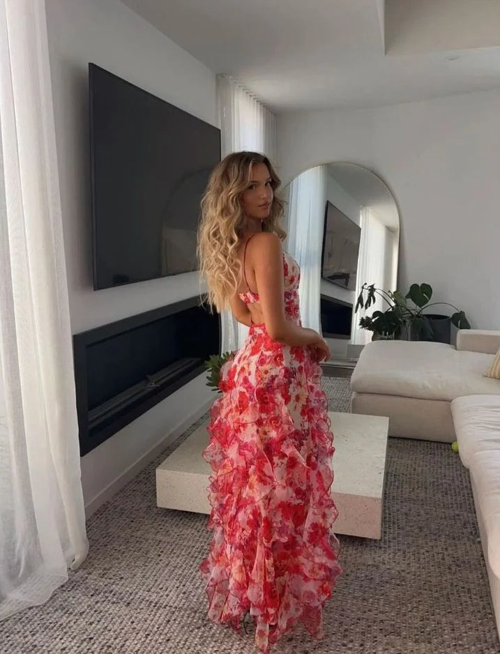 Xuewuba Dress Hot Red Floral Print A-Line Backless Ruffle Long Chiffon Elegant Sexy Ball Gown Evening Prom Dress Party Dress
