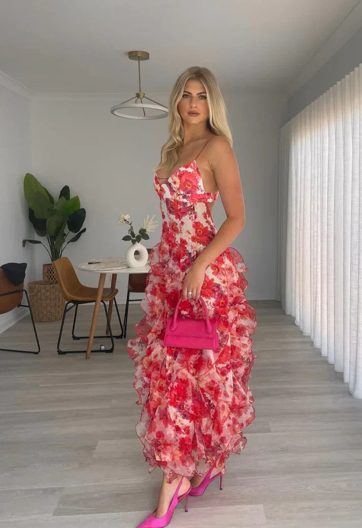 Xuewuba Dress Hot Red Floral Print A-Line Backless Ruffle Long Chiffon Elegant Sexy Ball Gown Evening Prom Dress Party Dress