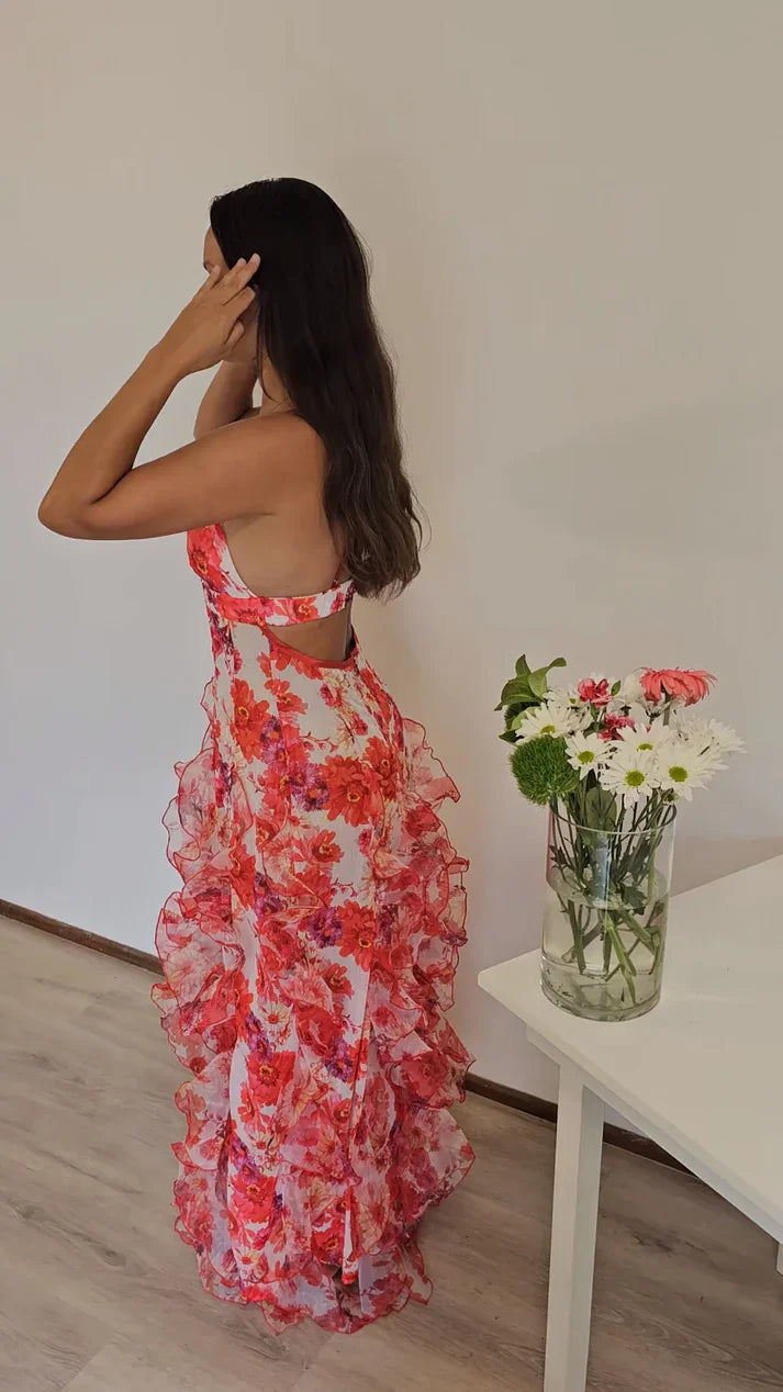 Xuewuba Dress Hot Red Floral Print A-Line Backless Ruffle Long Chiffon Elegant Sexy Ball Gown Evening Prom Dress Party Dress