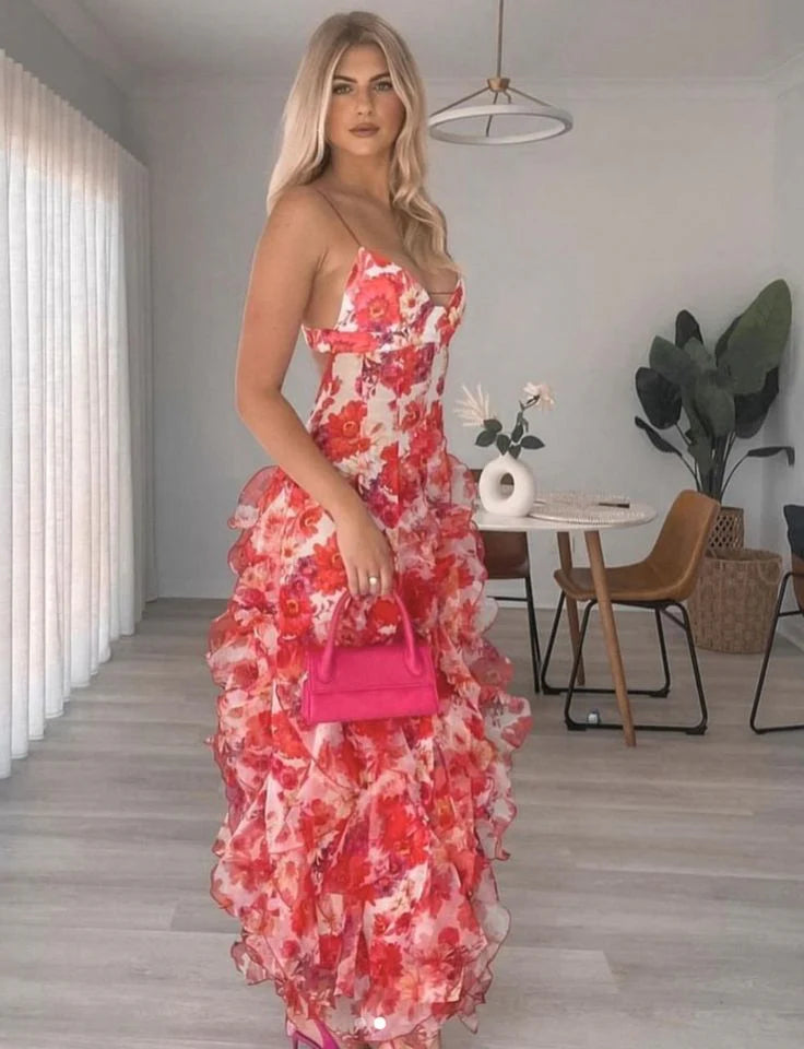 Xuewuba Dress Hot Red Floral Print A-Line Backless Ruffle Long Chiffon Elegant Sexy Ball Gown Evening Prom Dress Party Dress
