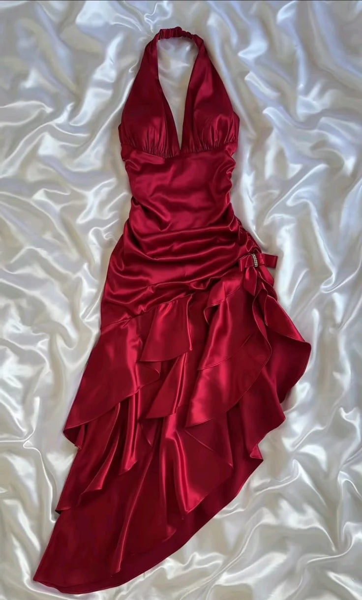 Xuewuba Dress Hot Red Suspender Fashion Sexy Simple Long Satin Ruffle Elegant Ball Gown Evening Dress Party Prom Dress Homecoming Dress