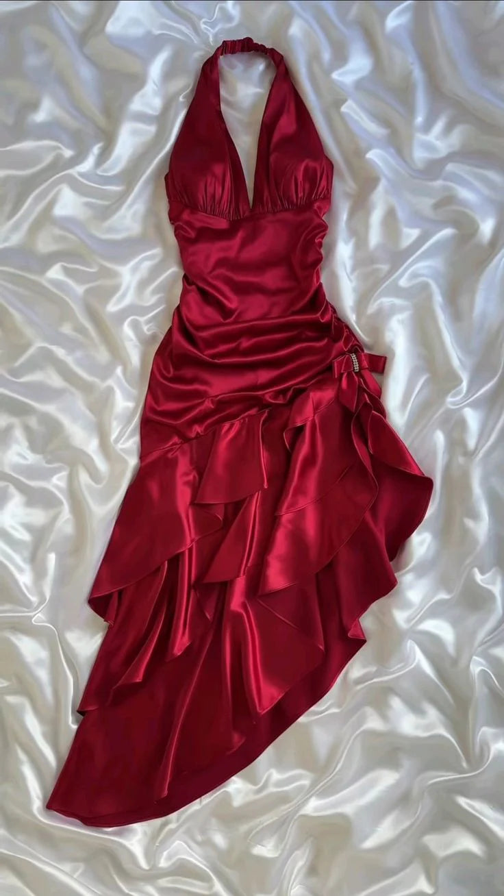 Xuewuba Dress Hot Red Suspender Fashion Sexy Simple Long Satin Ruffle Elegant Ball Gown Evening Dress Party Prom Dress Homecoming Dress